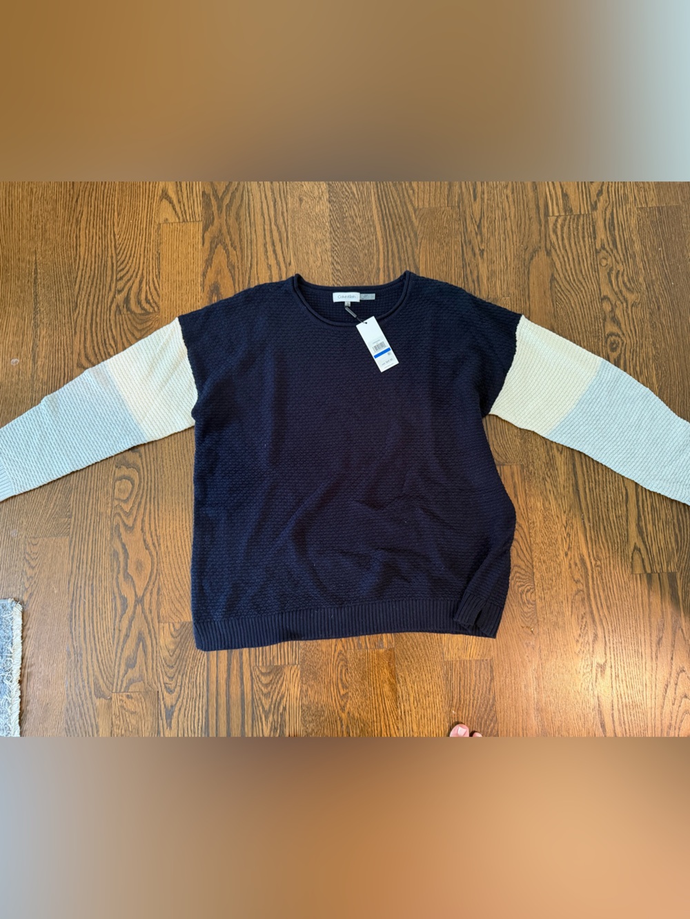 Calvin Klein Navy Crewneck Sweater with Cream Contrast Sleeves